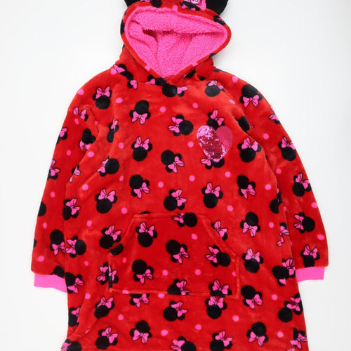 Disney Girls Red Minnie Mouse Fleece Hooded Robe L Lightweight Winter