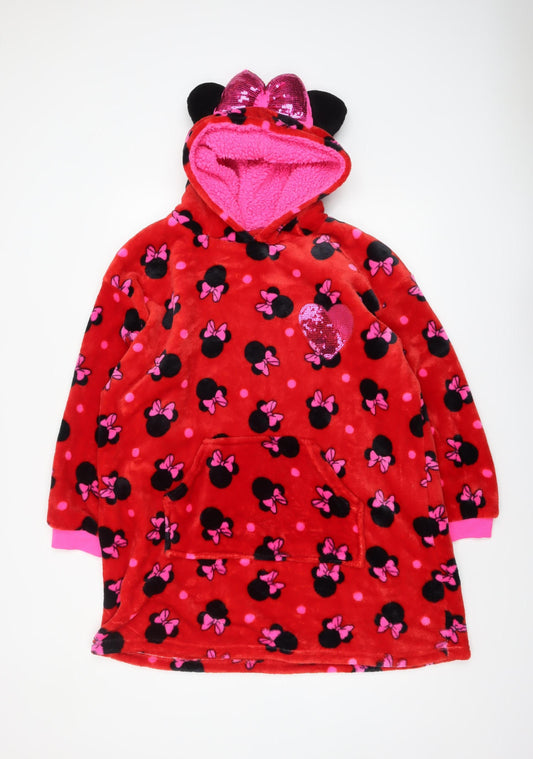 Disney Girls Red Minnie Mouse Fleece Hooded Robe L Lightweight Winter