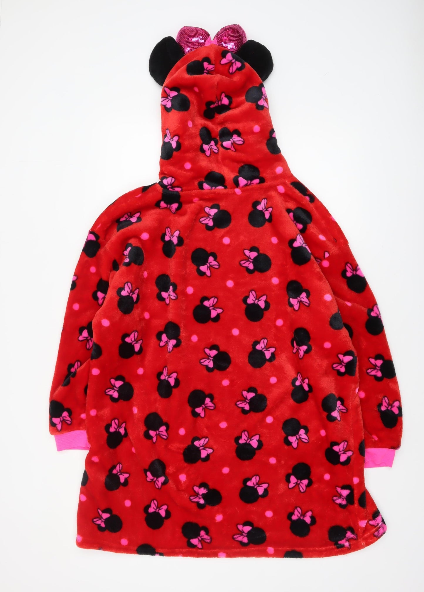 Disney Girls Red Minnie Mouse Fleece Hooded Robe L Lightweight Winter