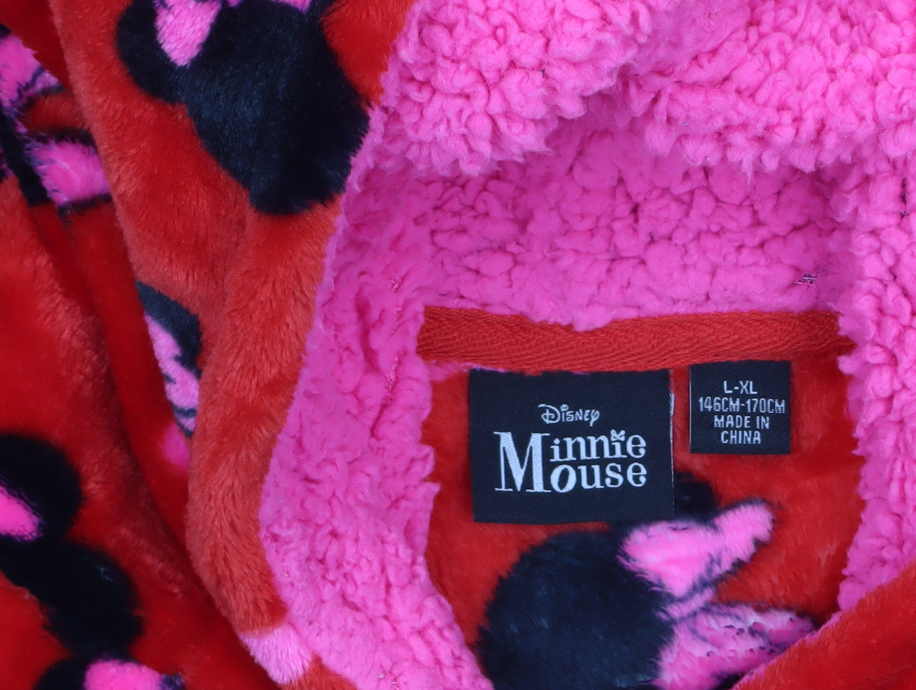 Disney Girls Red Minnie Mouse Fleece Hooded Robe L Lightweight Winter
