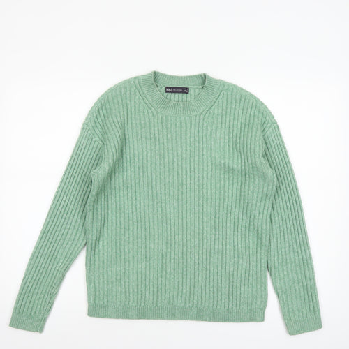 Marks and Spencer Women's Green Wool Blend Ribbed Crew Neck Jumper Size S