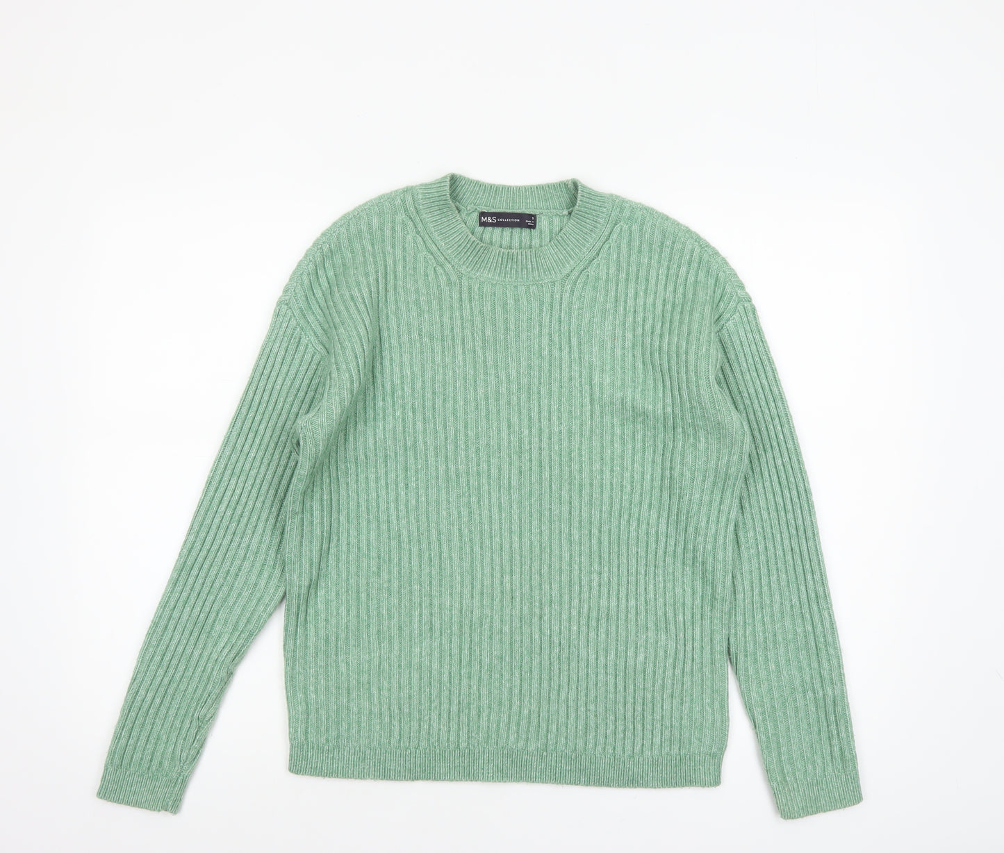 Marks and Spencer Women's Green Wool Blend Ribbed Crew Neck Jumper Size S