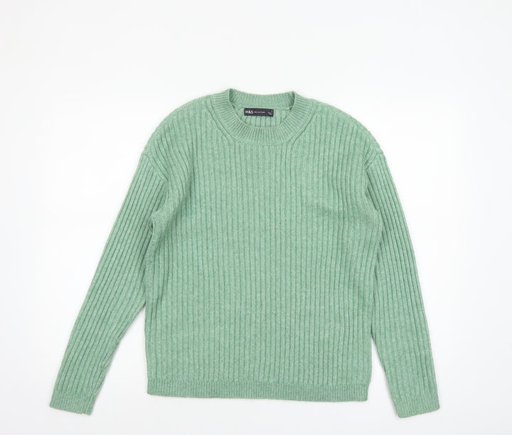 Marks and Spencer Women's Green Wool Blend Ribbed Crew Neck Jumper Size S