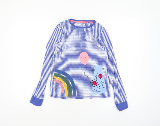 Next Girls Blue Striped Rainbow Cat Long Sleeve Cotton T-Shirt 10-11 Years
