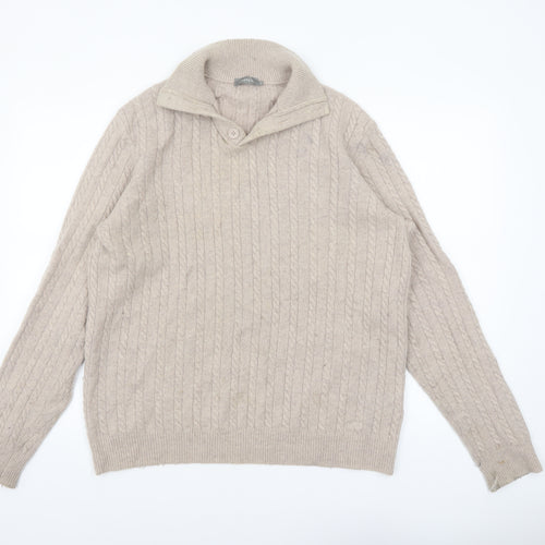 Jaeger Men's Beige Cable-Knit Wool Collar Pullover Jumper M