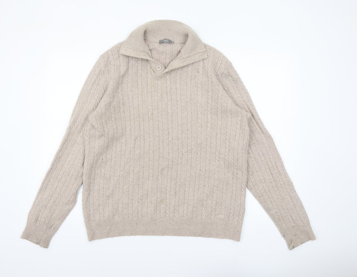 Jaeger Men's Beige Cable-Knit Wool Collar Pullover Jumper M