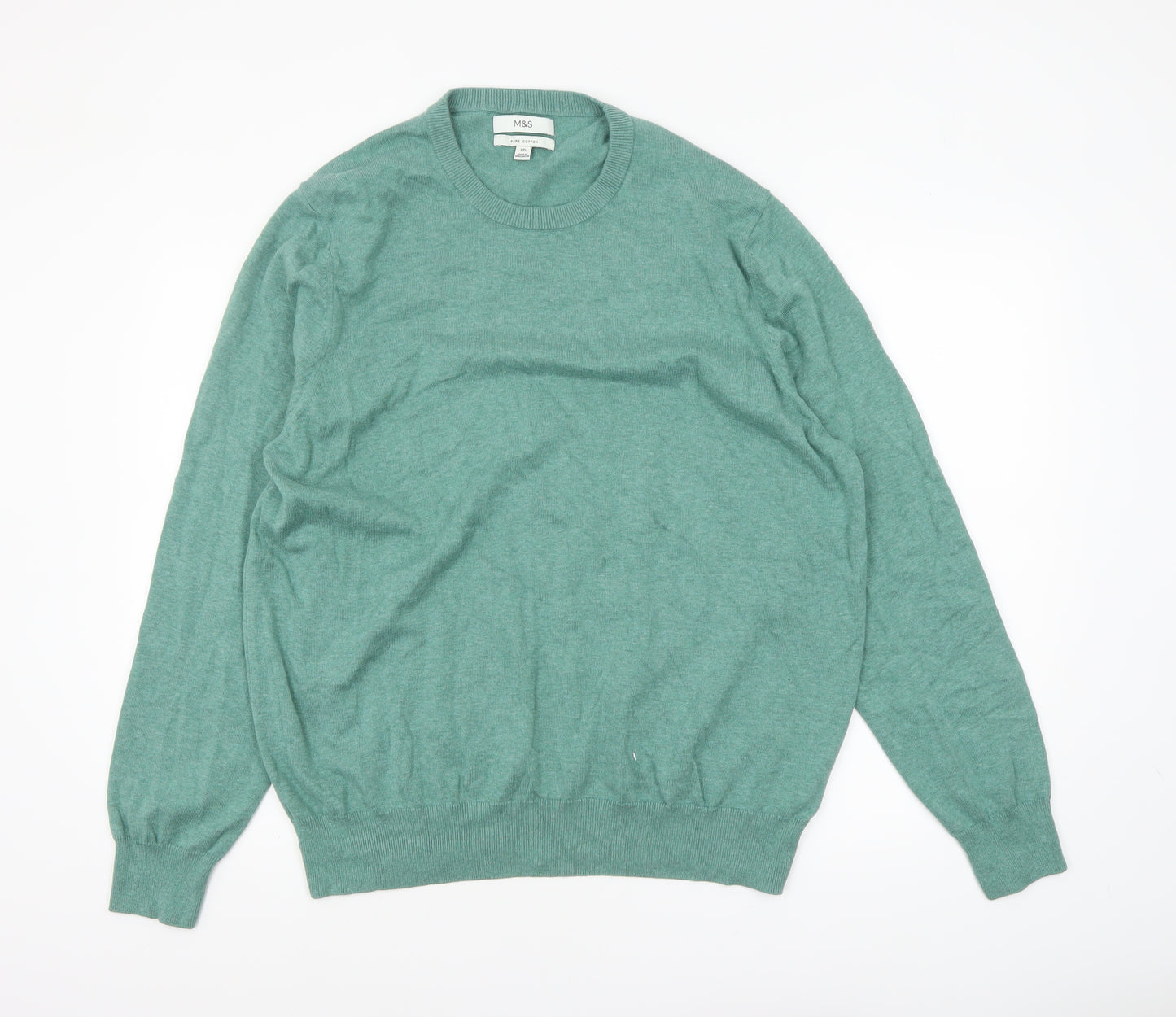 Marks and Spencer Men's Green Cotton Crew Neck Pullover Jumper 2XL