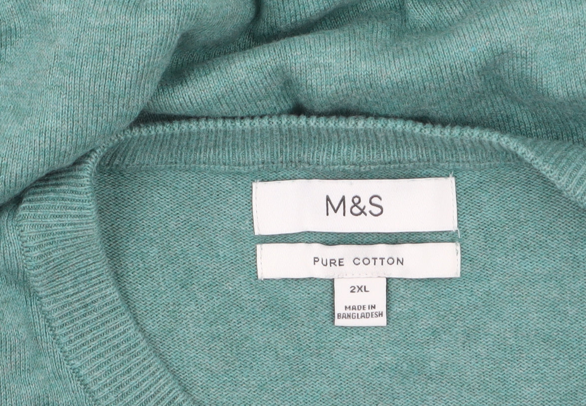 Marks and Spencer Men's Green Cotton Crew Neck Pullover Jumper 2XL