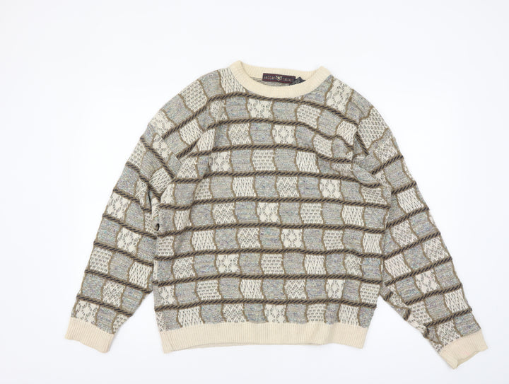Haggar Men's Beige Geometric Knit Crew Neck Pullover Jumper M