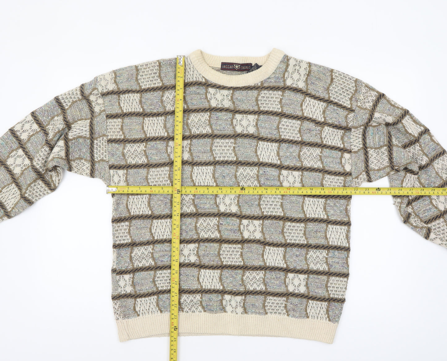 Haggar Men's Beige Geometric Knit Crew Neck Pullover Jumper M