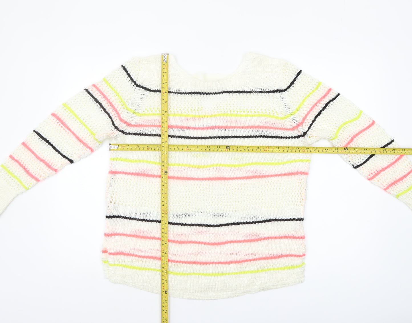 Next Women's Multicoloured Striped Open-Knit Acrylic Jumper Medium