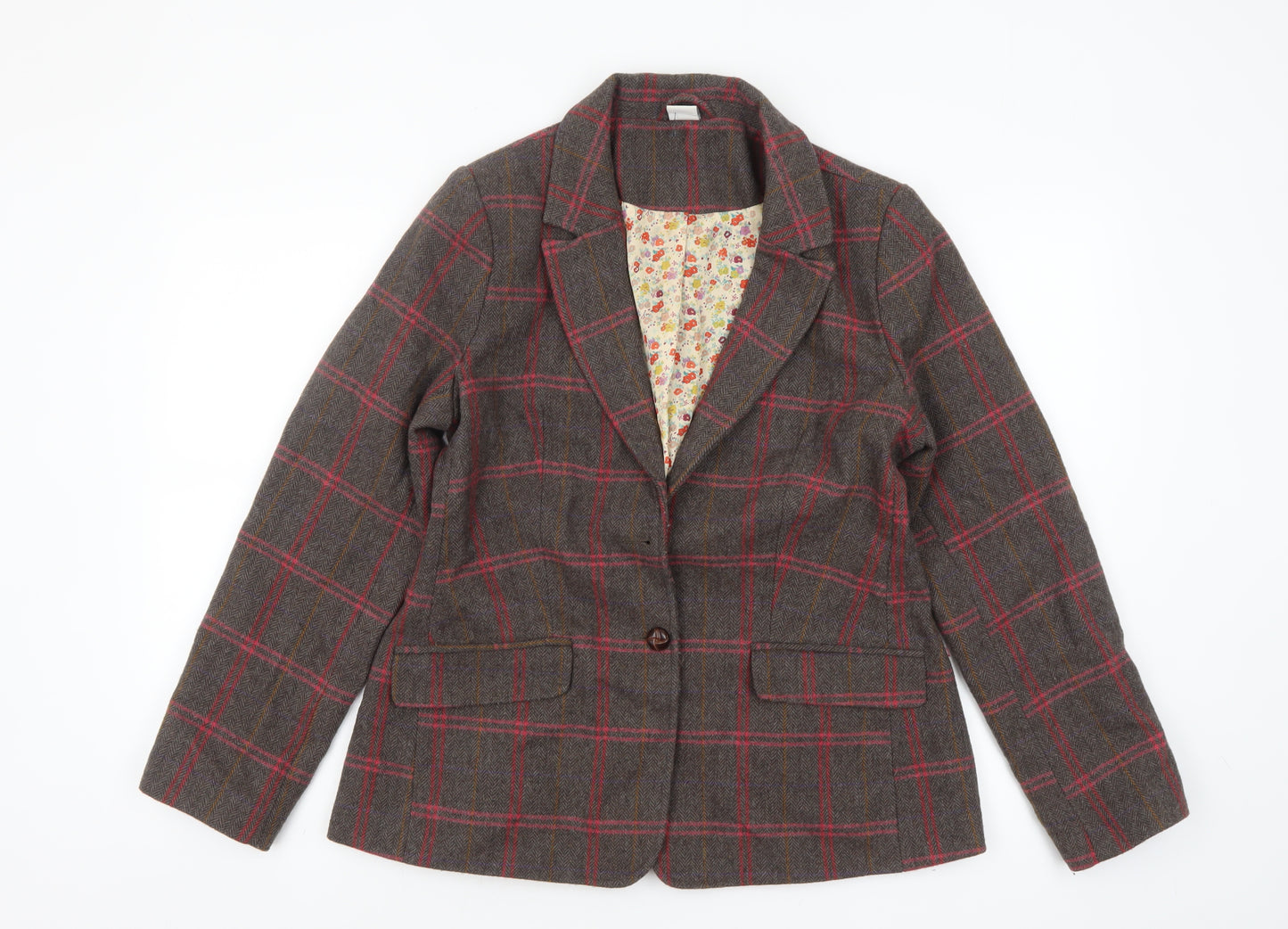 Cotton Traders Women’s Brown Check Wool Blend Blazer Size 12 Classic Fit
