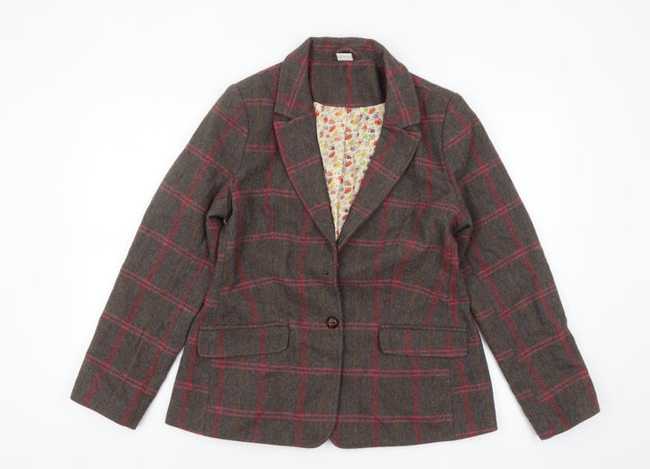 Cotton Traders Women’s Brown Check Wool Blend Blazer Size 12 Classic Fit