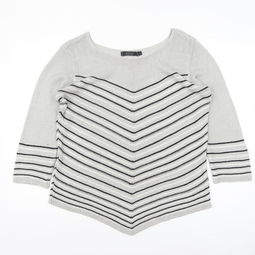 Elite Collection Women Grey Striped 3/4 Sleeve Pullover Jumper Size L