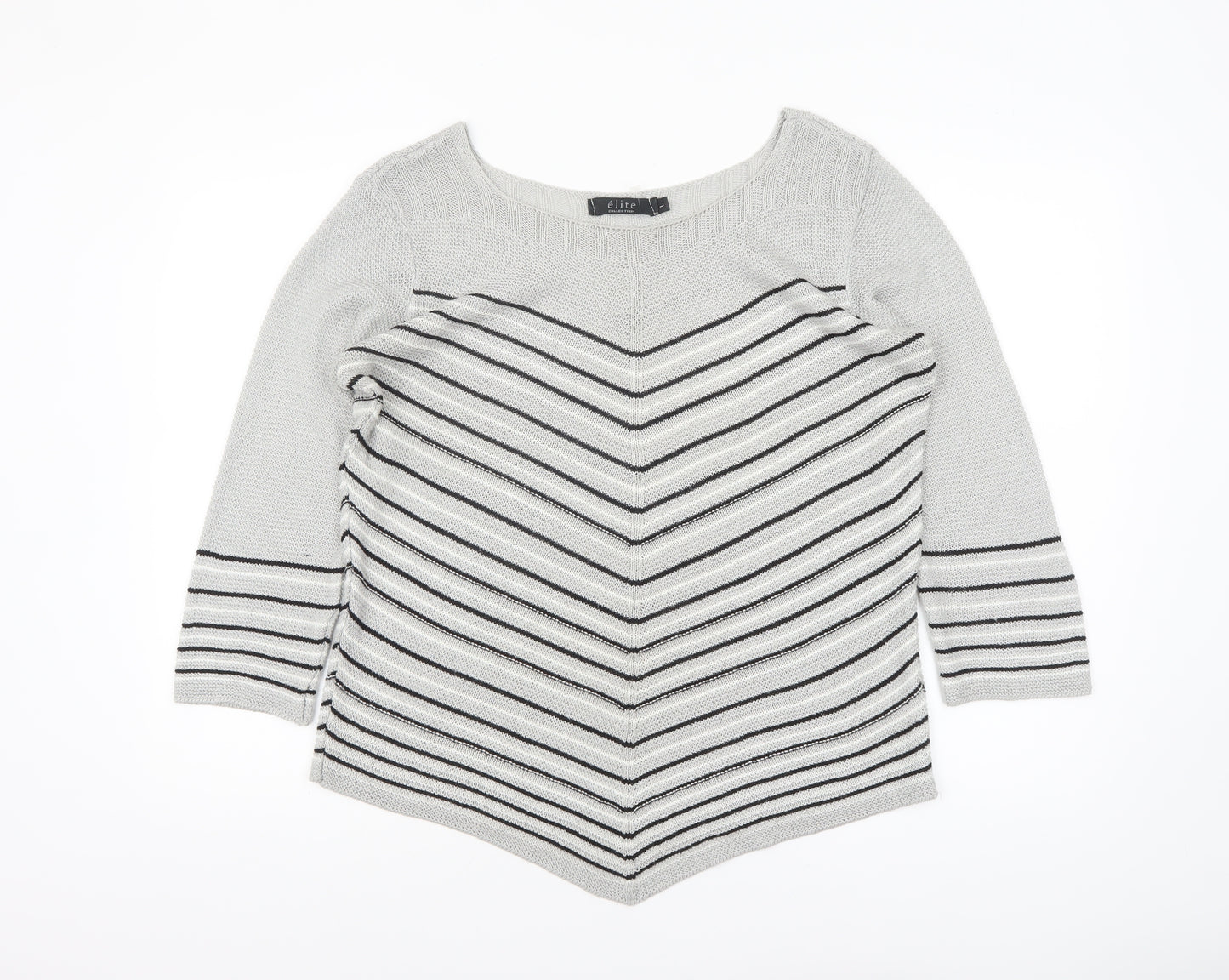 Elite Collection Women Grey Striped 3/4 Sleeve Pullover Jumper Size L