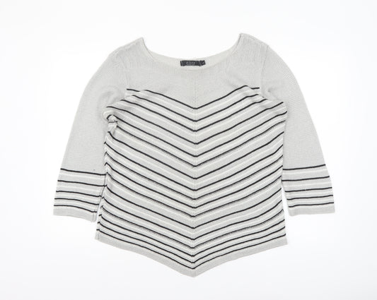 Elite Collection Women Grey Striped 3/4 Sleeve Pullover Jumper Size L