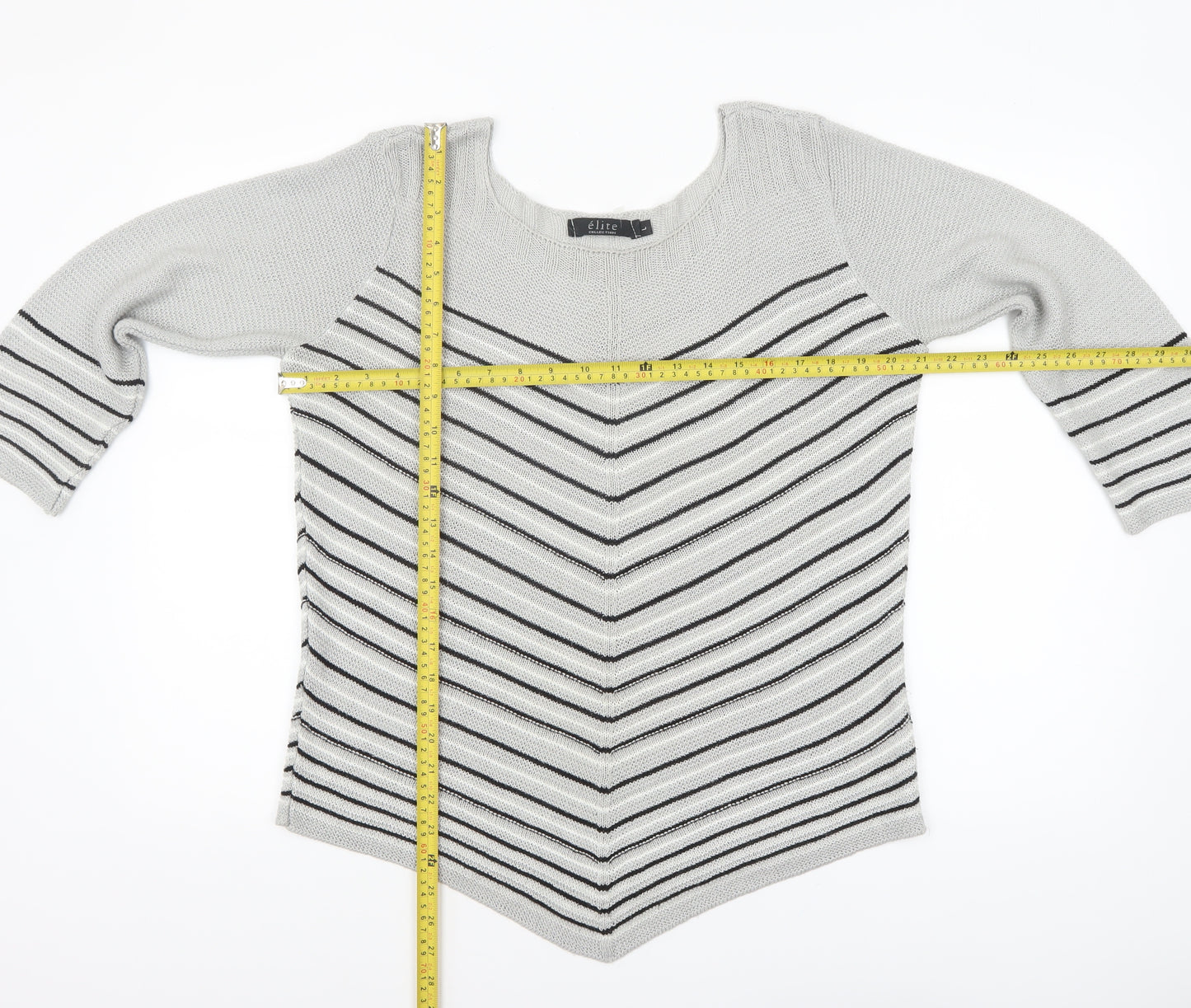 Elite Collection Women Grey Striped 3/4 Sleeve Pullover Jumper Size L