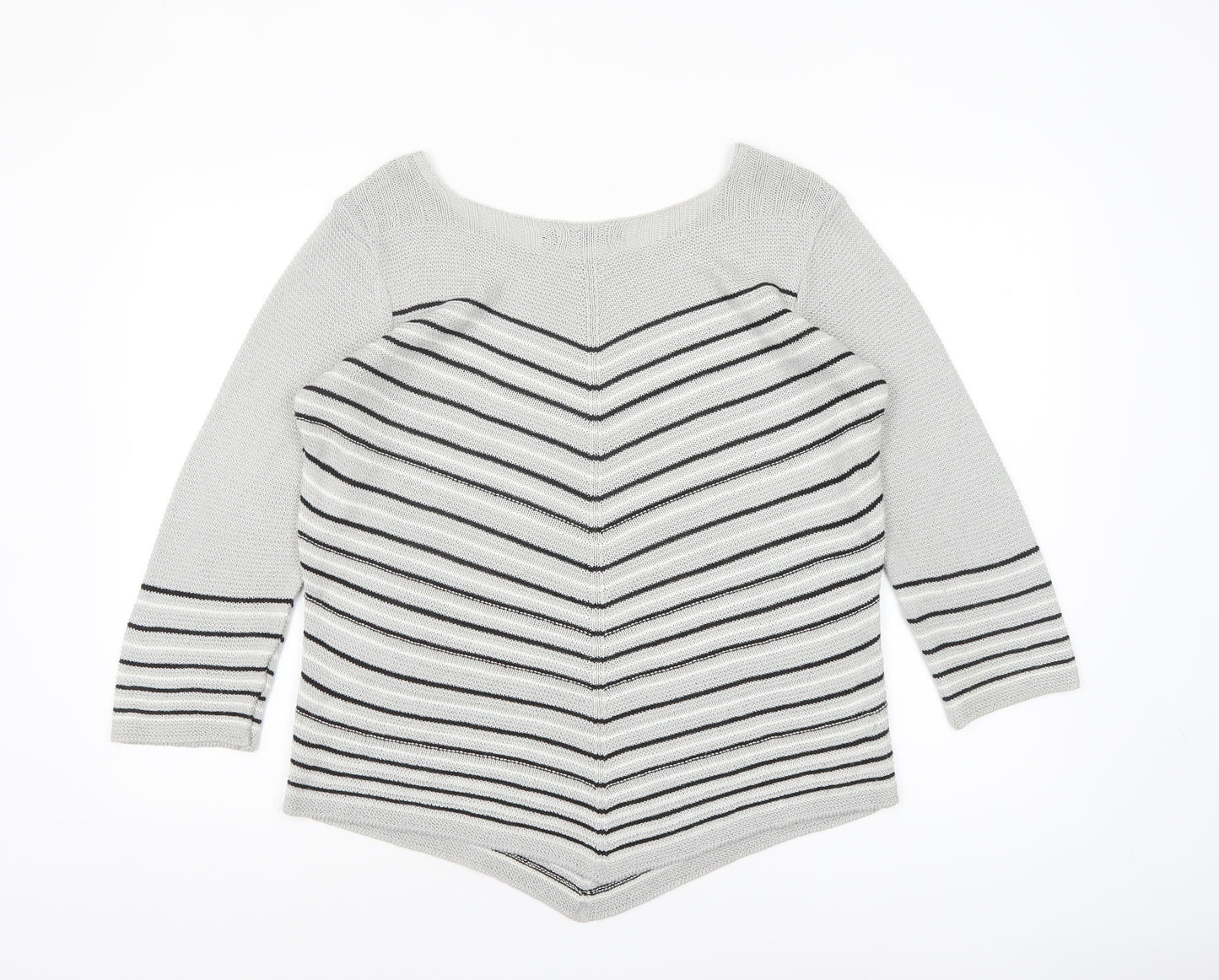 Elite Collection Women Grey Striped 3/4 Sleeve Pullover Jumper Size L