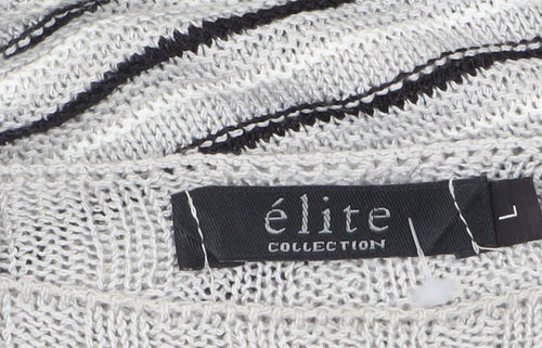 Elite Collection Women Grey Striped 3/4 Sleeve Pullover Jumper Size L
