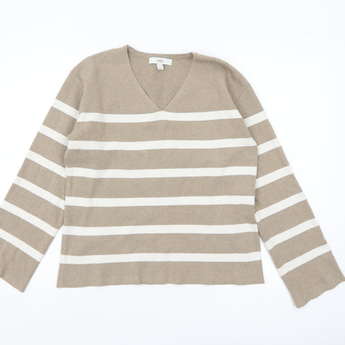 Marks and Spencer Women’s Beige Striped V-Neck Cotton Jumper M