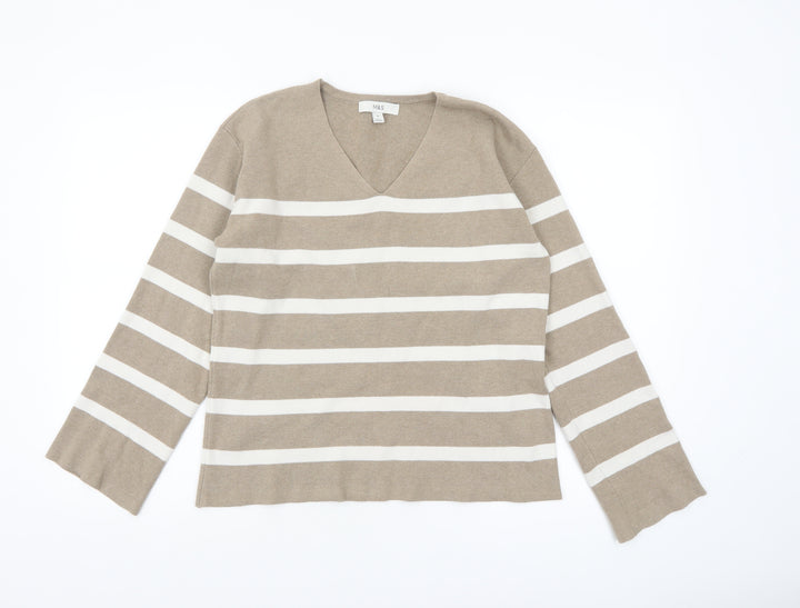 Marks and Spencer Women’s Beige Striped V-Neck Cotton Jumper M
