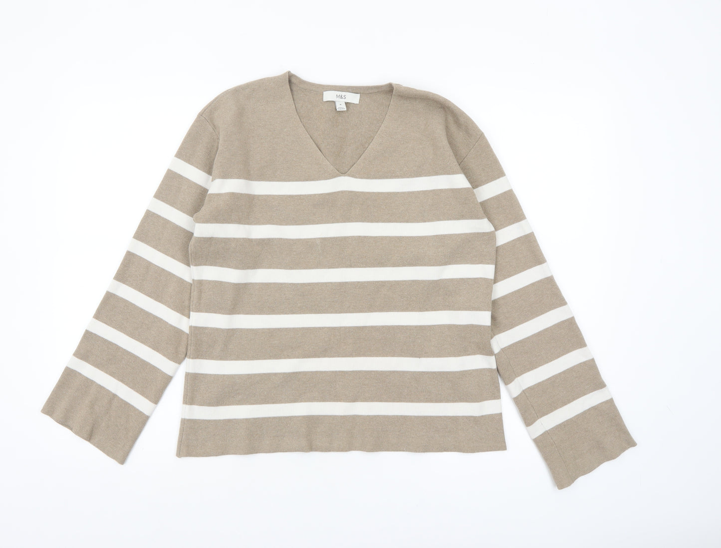 Marks and Spencer Women’s Beige Striped V-Neck Cotton Jumper M