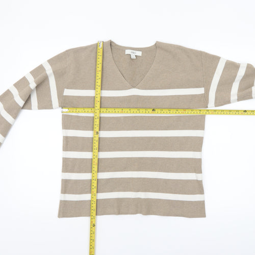 Marks and Spencer Women’s Beige Striped V-Neck Cotton Jumper M