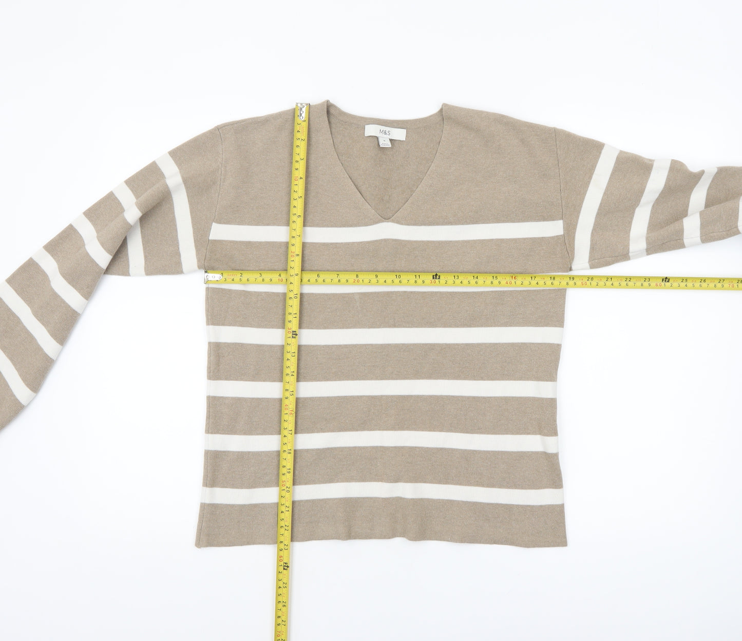Marks and Spencer Women’s Beige Striped V-Neck Cotton Jumper M