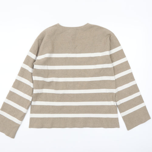 Marks and Spencer Women’s Beige Striped V-Neck Cotton Jumper M