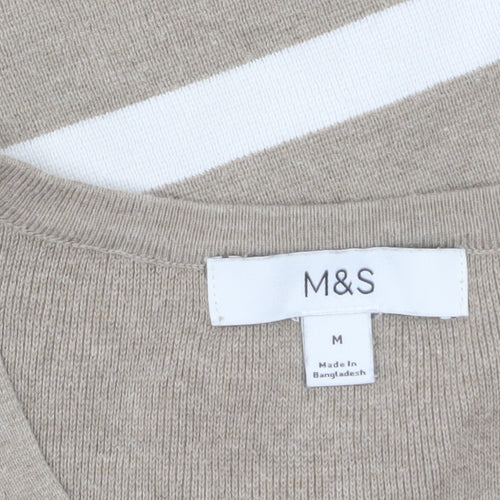 Marks and Spencer Women’s Beige Striped V-Neck Cotton Jumper M