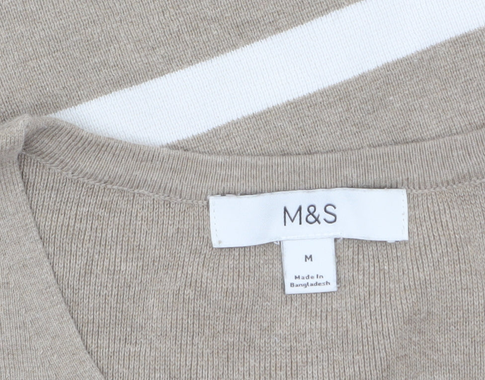 Marks and Spencer Women’s Beige Striped V-Neck Cotton Jumper M
