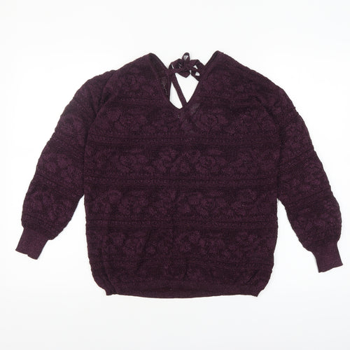 Next Womens Purple V-Neck Long Sleeve Open-Knit Jumper Size 14