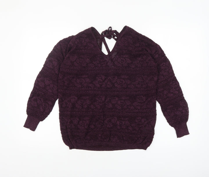 Next Womens Purple V-Neck Long Sleeve Open-Knit Jumper Size 14