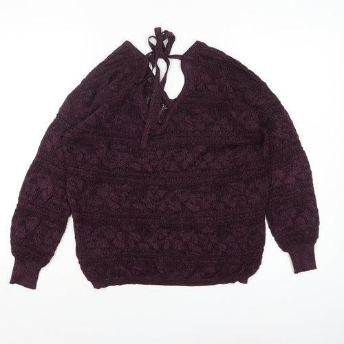 Next Womens Purple V-Neck Long Sleeve Open-Knit Jumper Size 14