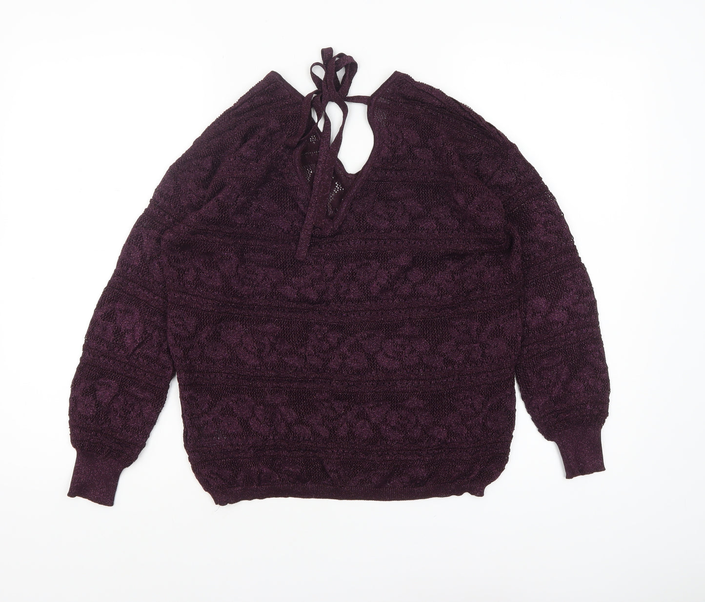 Next Womens Purple V-Neck Long Sleeve Open-Knit Jumper Size 14