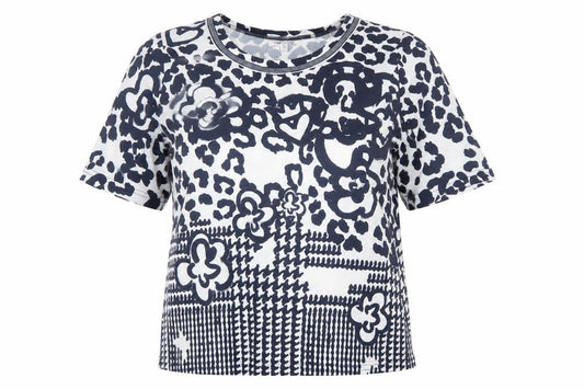 Front view of Just White Women's Blue Animal Print Short Sleeve T-Shirt, size 12