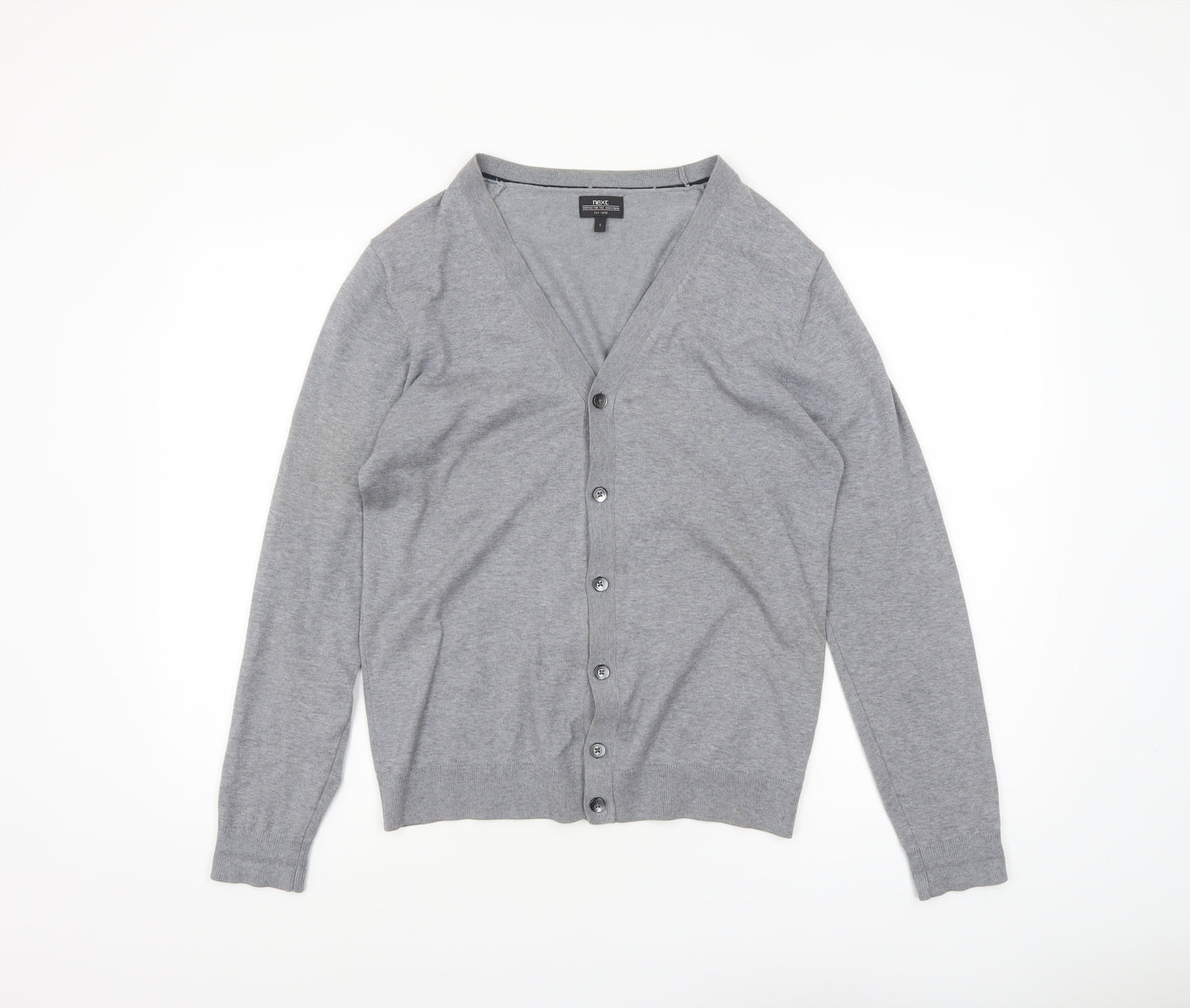 Next Men's Grey Cotton V-Neck Button Cardigan Small