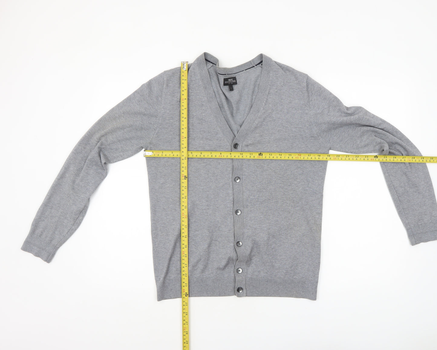 Next Men's Grey Cotton V-Neck Button Cardigan Small
