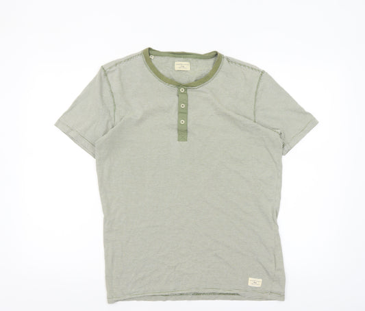 Selected Homme Men's Green Henley Short Sleeve Striped Cotton T-Shirt Size M