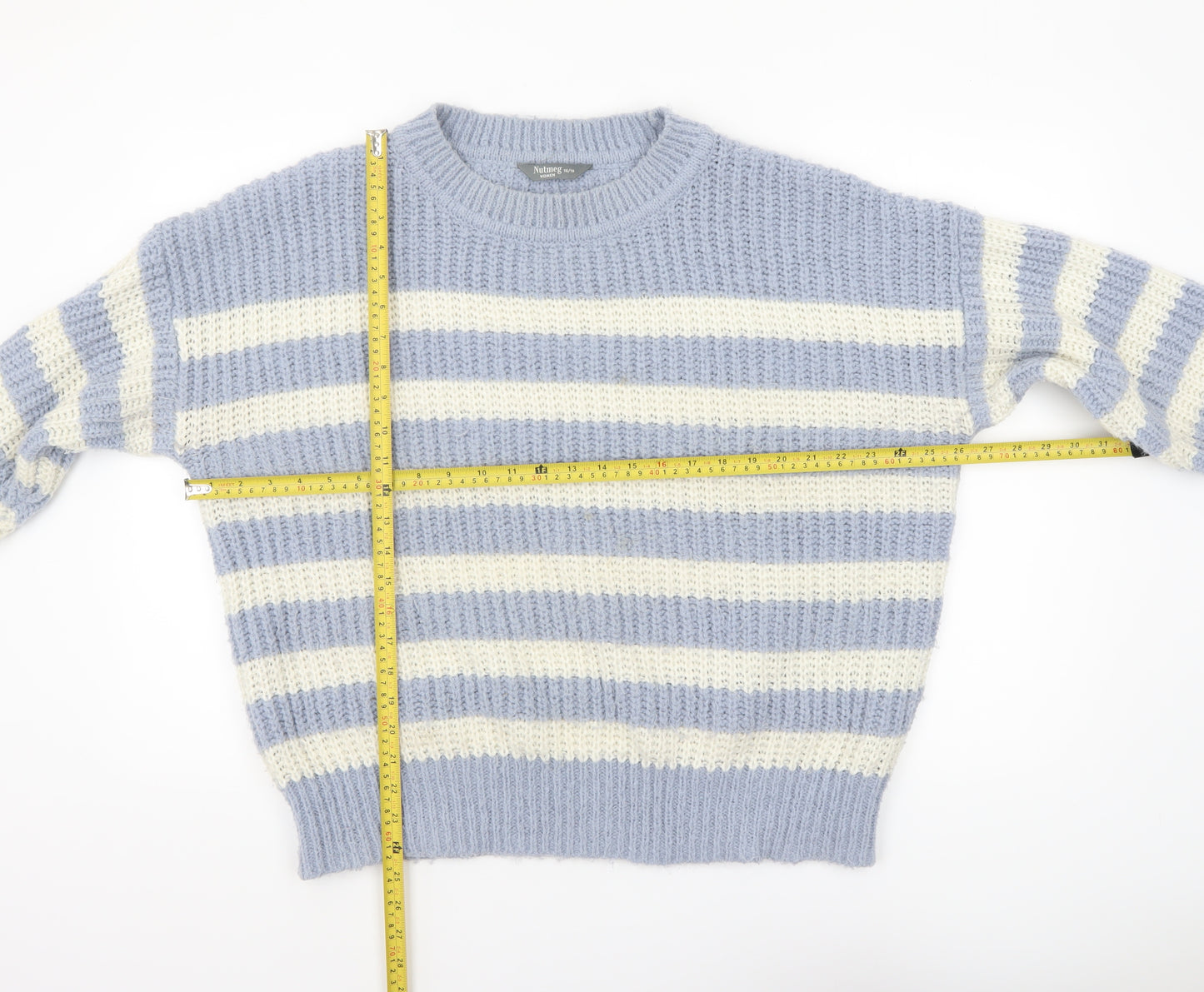 Nutmeg Women Blue White Striped Chunky Knit Pullover Jumper Size 16/18