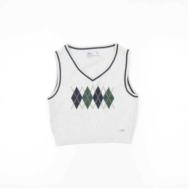 Hollister Women White Argyle Knit V-Neck Sleeveless Vest XS