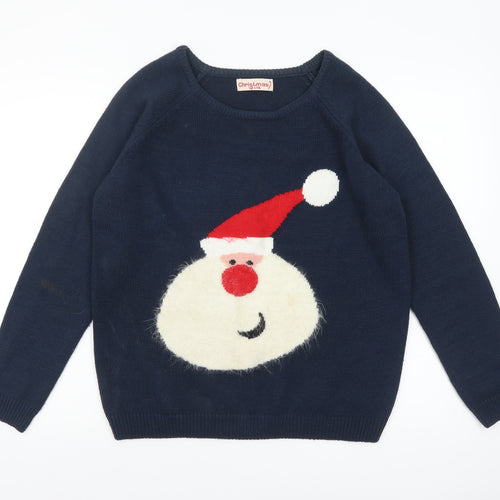 Christmas Women's Navy Blue 12-14 Santa Pullover Jumper Acrylic