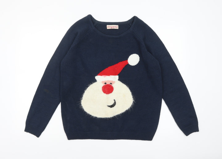 Christmas Women's Navy Blue 12-14 Santa Pullover Jumper Acrylic