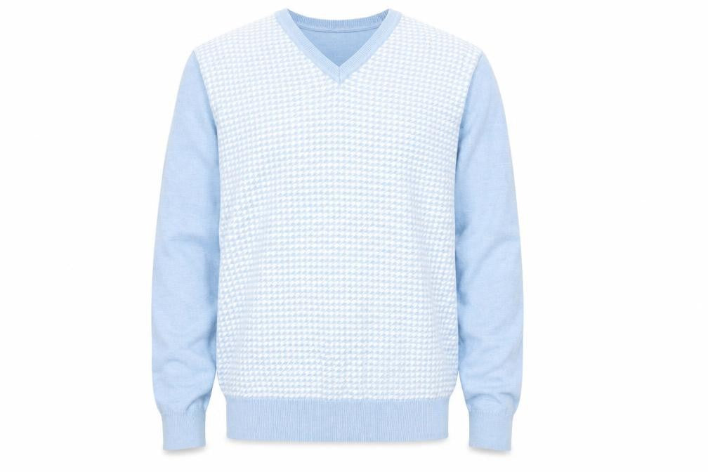 Front view of Adolfo Dominguez Men’s Blue Cotton V-Neck Jumper, size M