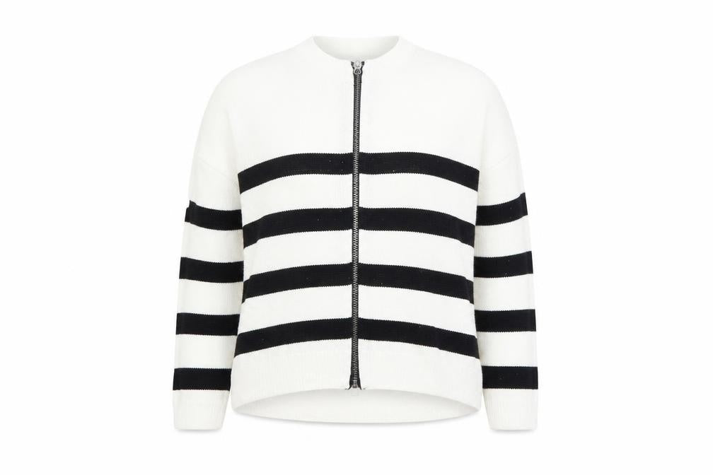Front view of Mint Velvet Women's White Black Striped Full Zip Jumper, size S