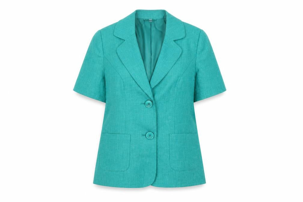 Front view of EWM Women's Green, size 12, Short Sleeve Two-Button Blazer