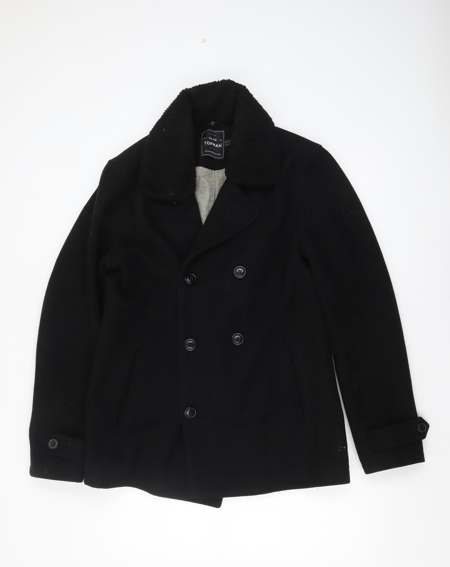 Topman Men's Black Wool Pea Coat M Classic Winter Jacket