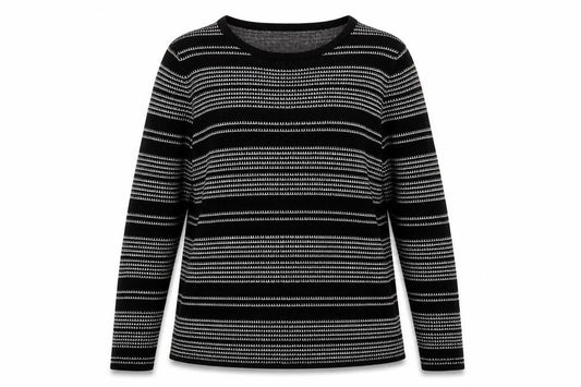 Front view of Papaya Women’s Black Striped Knit Jumper, size UK 12, Long Sleeve Pullover