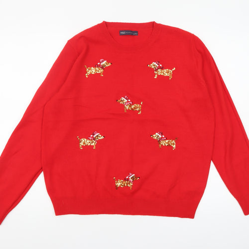 Marks and Spencer Womens Red Sequin Dog Christmas Jumper L