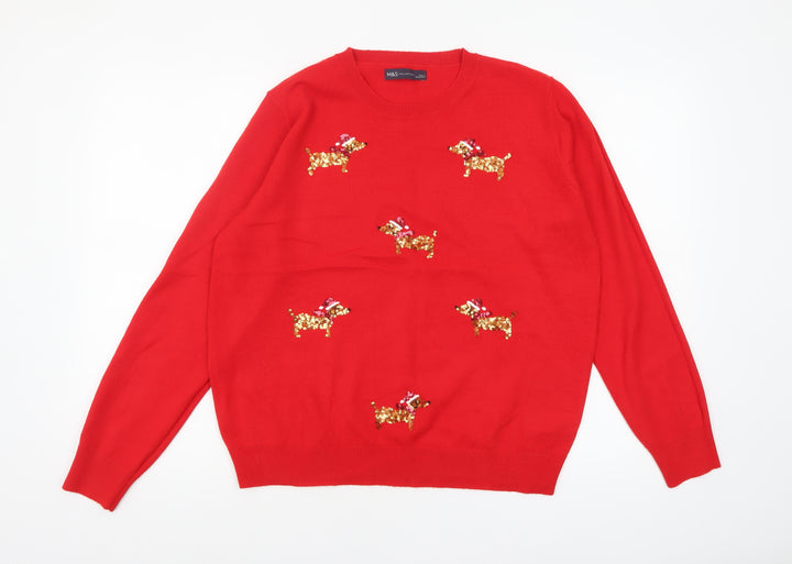 Marks and Spencer Womens Red Sequin Dog Christmas Jumper L
